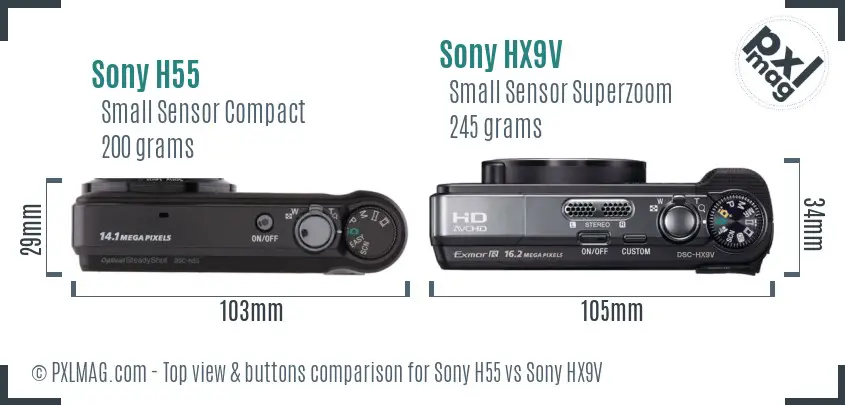 Sony H55 vs Sony HX9V top view buttons comparison