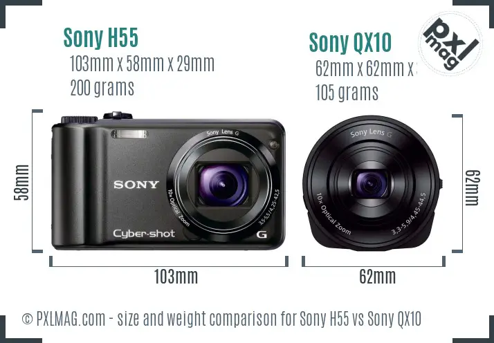 Sony H55 vs Sony QX10 size comparison