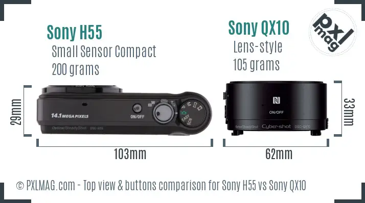 Sony H55 vs Sony QX10 top view buttons comparison