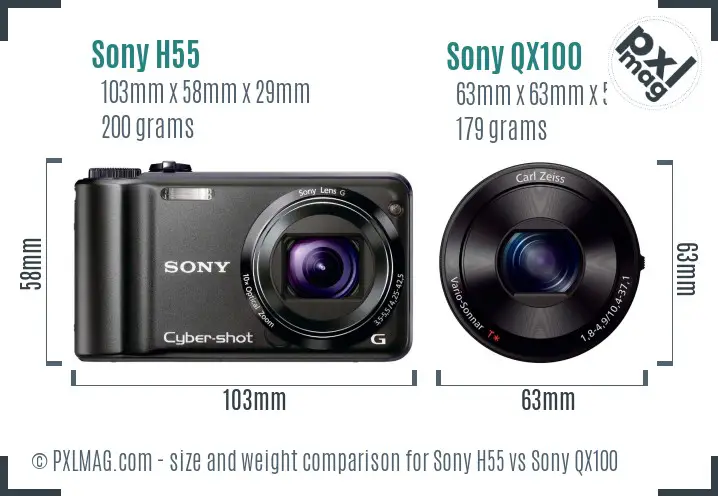 Sony H55 vs Sony QX100 size comparison
