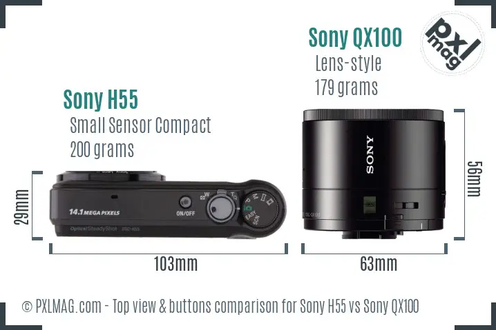 Sony H55 vs Sony QX100 top view buttons comparison