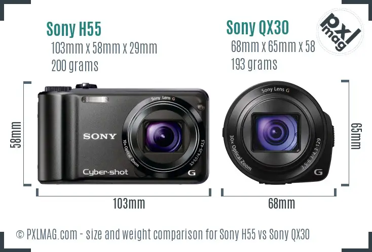 Sony H55 vs Sony QX30 size comparison