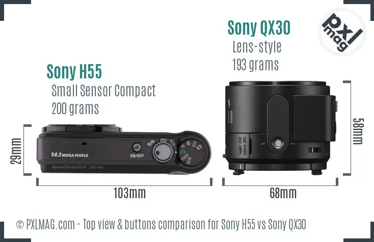 Sony H55 vs Sony QX30 top view buttons comparison
