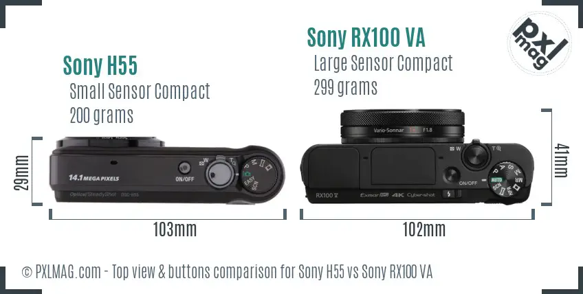 Sony H55 vs Sony RX100 VA top view buttons comparison