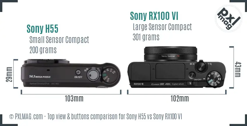 Sony H55 vs Sony RX100 VI top view buttons comparison