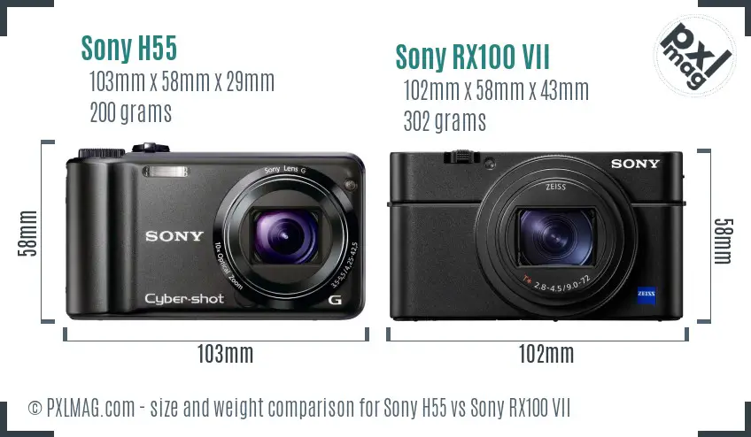 Sony H55 vs Sony RX100 VII size comparison