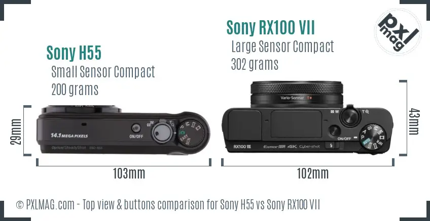 Sony H55 vs Sony RX100 VII top view buttons comparison
