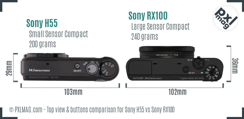 Sony H55 vs Sony RX100 top view buttons comparison