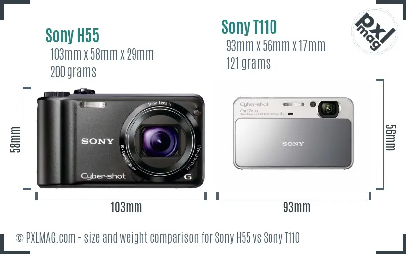 Sony H55 vs Sony T110 size comparison