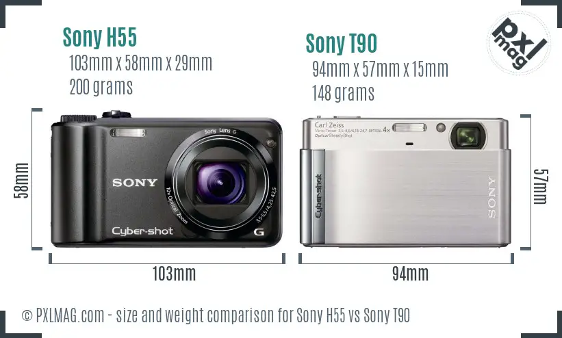 Sony H55 vs Sony T90 size comparison
