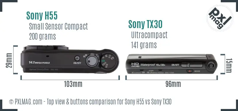 Sony H55 vs Sony TX30 top view buttons comparison