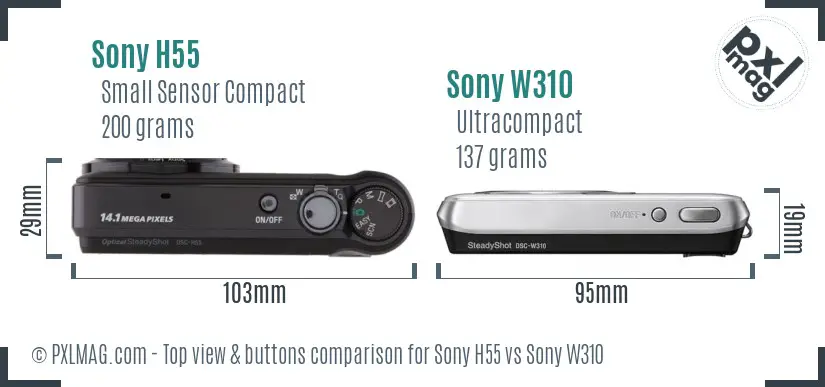 Sony H55 vs Sony W310 top view buttons comparison