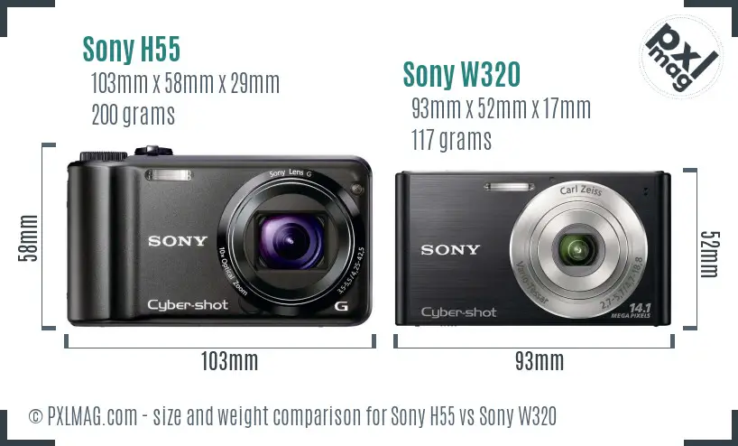 Sony H55 vs Sony W320 size comparison