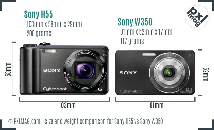 Sony H55 vs Sony W350 size comparison