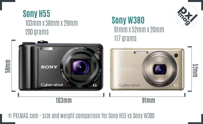 Sony H55 vs Sony W380 size comparison