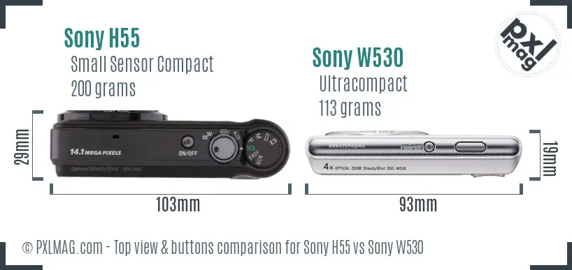 Sony H55 vs Sony W530 top view buttons comparison