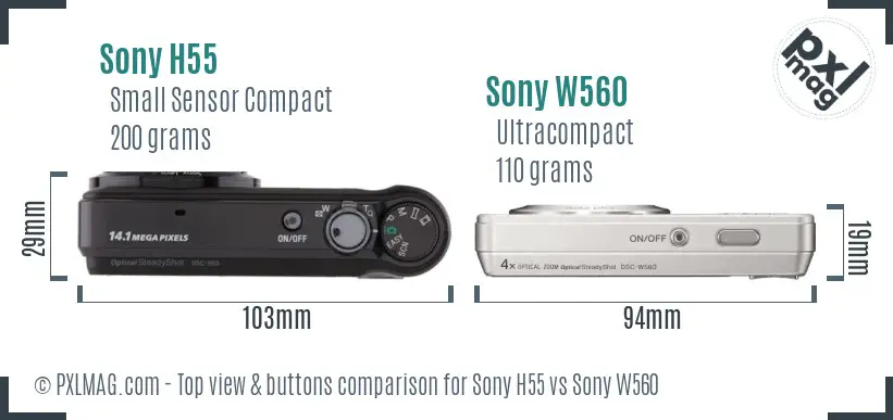 Sony H55 vs Sony W560 top view buttons comparison