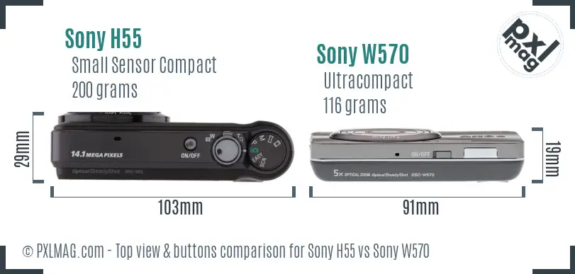 Sony H55 vs Sony W570 top view buttons comparison