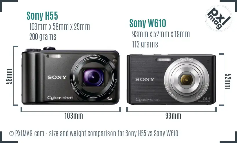 Sony H55 vs Sony W610 size comparison