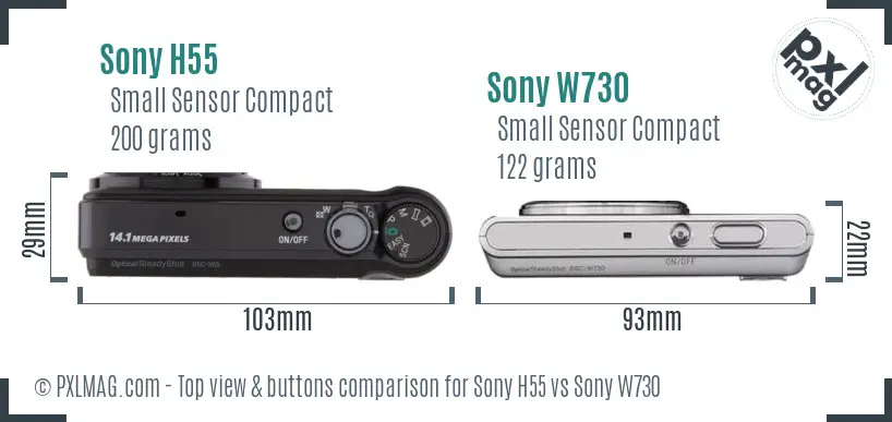 Sony H55 vs Sony W730 top view buttons comparison