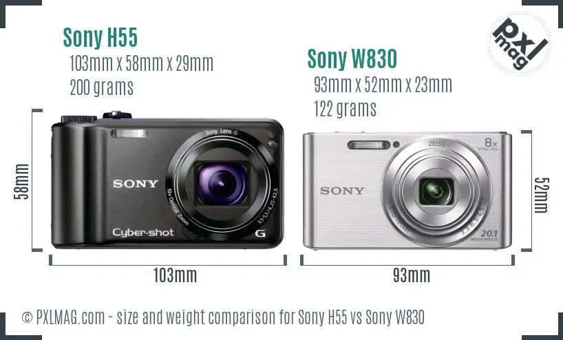 Sony H55 vs Sony W830 size comparison