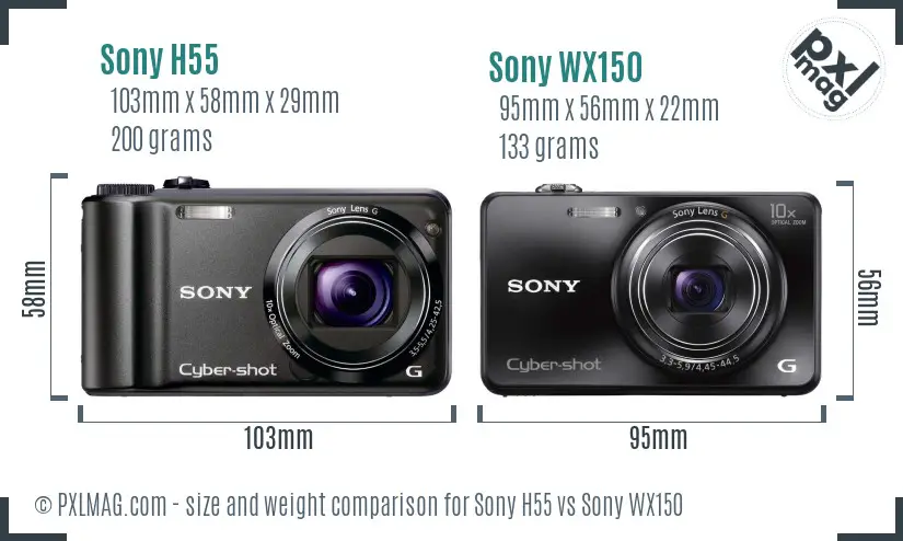 Sony H55 vs Sony WX150 size comparison