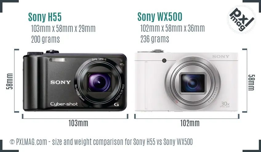 Sony H55 vs Sony WX500 size comparison