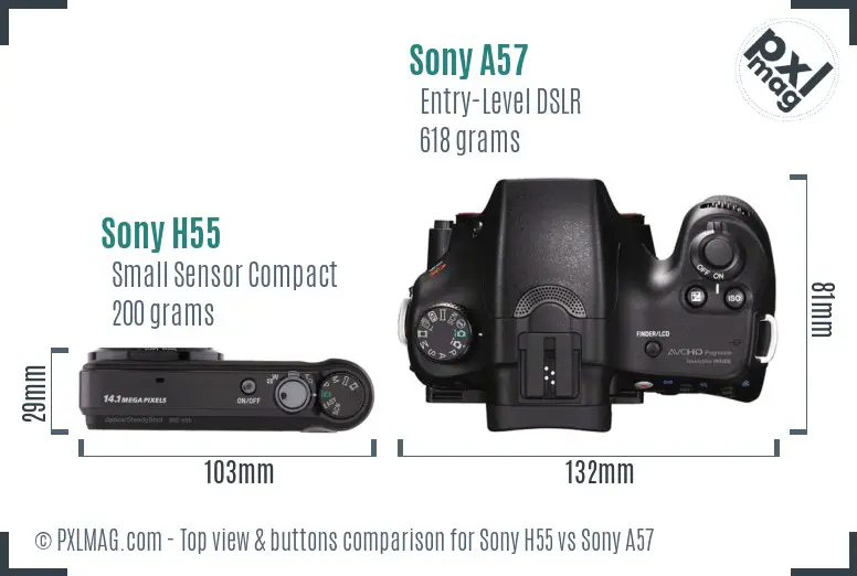 Sony H55 vs Sony A57 top view buttons comparison