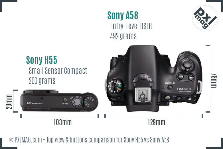 Sony H55 vs Sony A58 top view buttons comparison