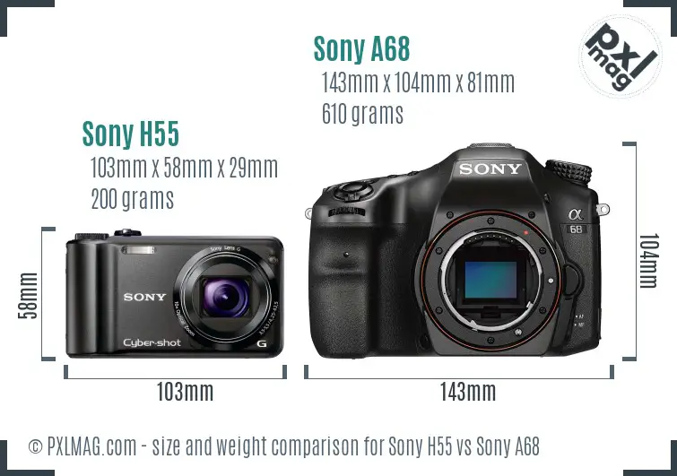Sony H55 vs Sony A68 size comparison