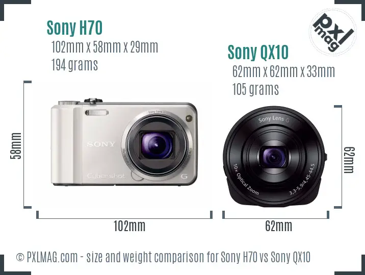 Sony H70 vs Sony QX10 size comparison