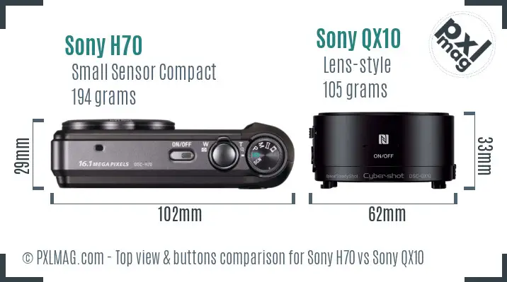 Sony H70 vs Sony QX10 top view buttons comparison