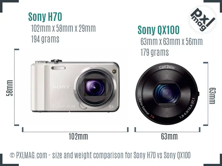 Sony H70 vs Sony QX100 size comparison
