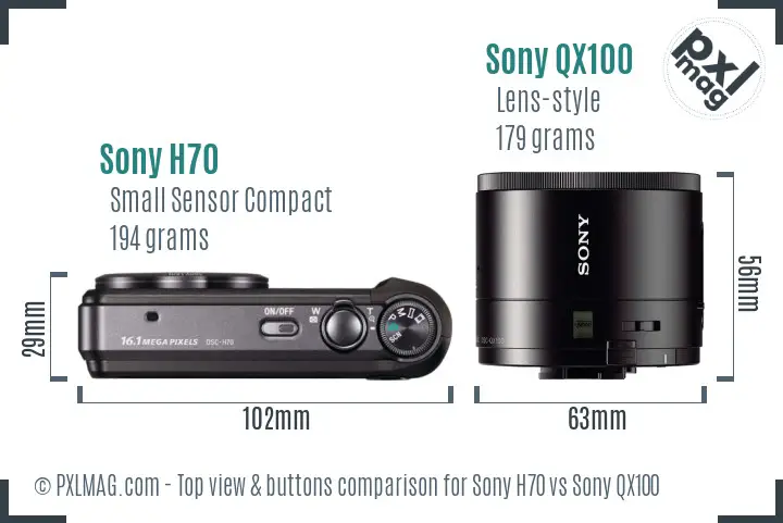 Sony H70 vs Sony QX100 top view buttons comparison