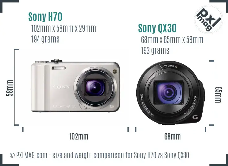 Sony H70 vs Sony QX30 size comparison