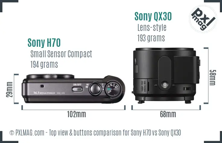 Sony H70 vs Sony QX30 top view buttons comparison