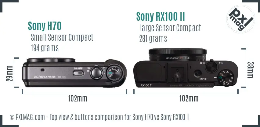 Sony H70 vs Sony RX100 II top view buttons comparison