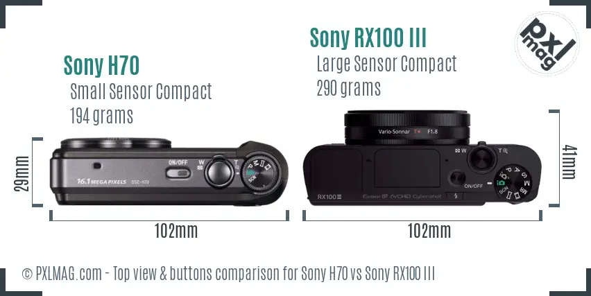 Sony H70 vs Sony RX100 III top view buttons comparison