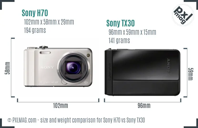Sony H70 vs Sony TX30 size comparison