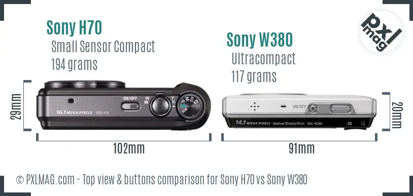 Sony H70 vs Sony W380 top view buttons comparison