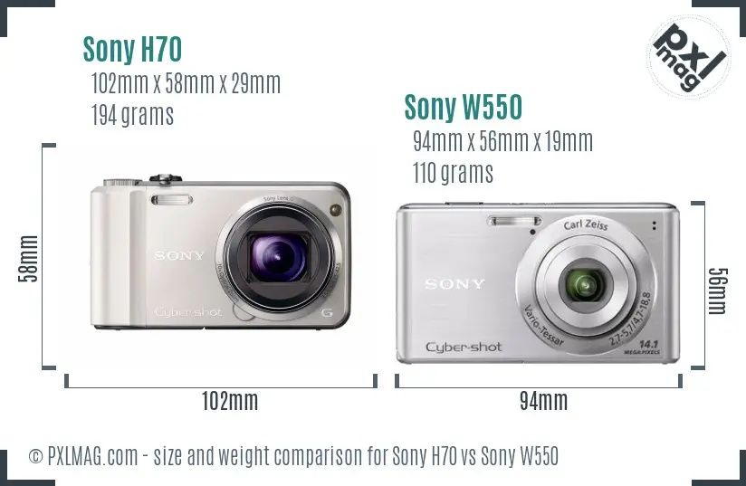 Sony H70 vs Sony W550 size comparison