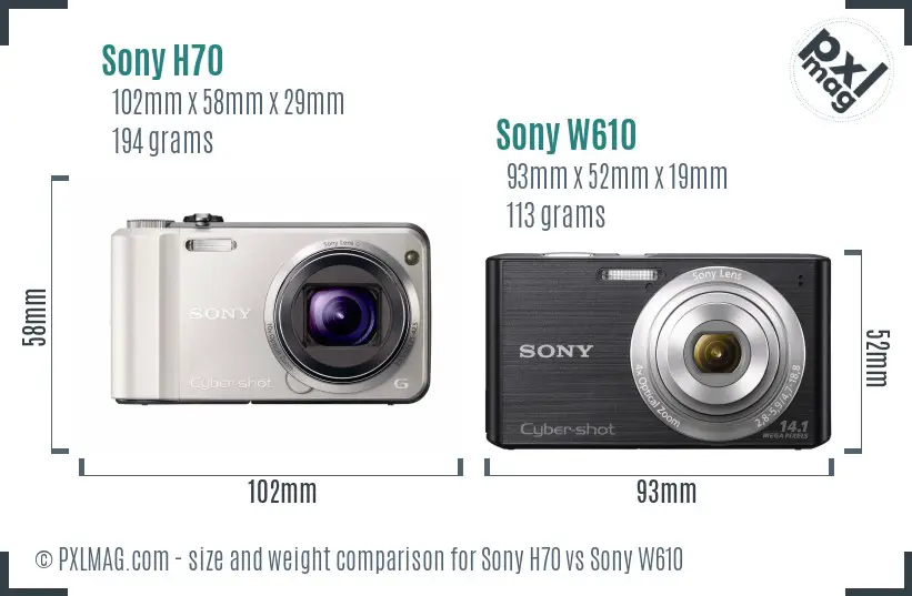 Sony H70 vs Sony W610 size comparison