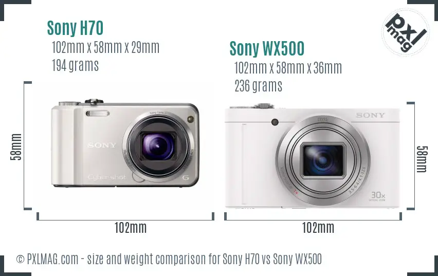 Sony H70 vs Sony WX500 size comparison