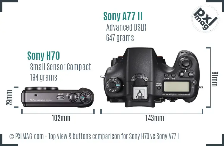 Sony H70 vs Sony A77 II top view buttons comparison