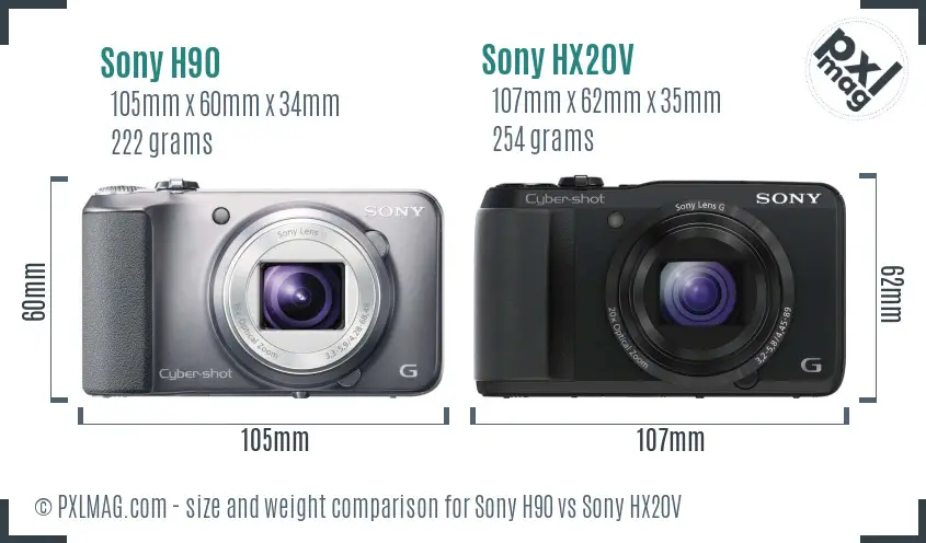 Sony H90 vs Sony HX20V size comparison