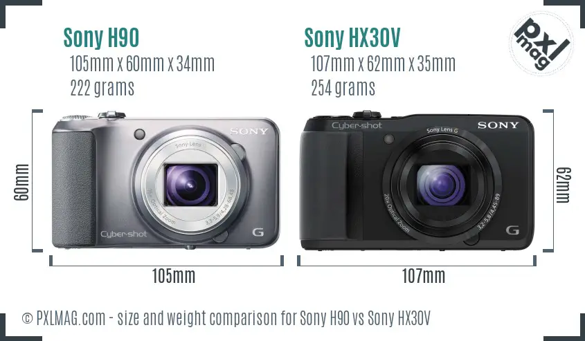 Sony H90 vs Sony HX30V size comparison