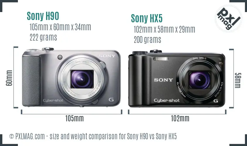 Sony H90 vs Sony HX5 size comparison