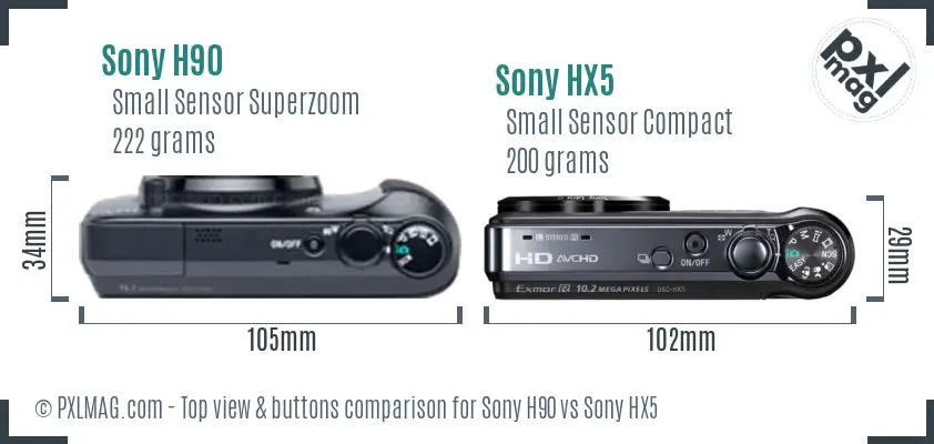 Sony H90 vs Sony HX5 top view buttons comparison