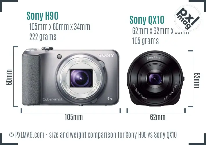 Sony H90 vs Sony QX10 size comparison