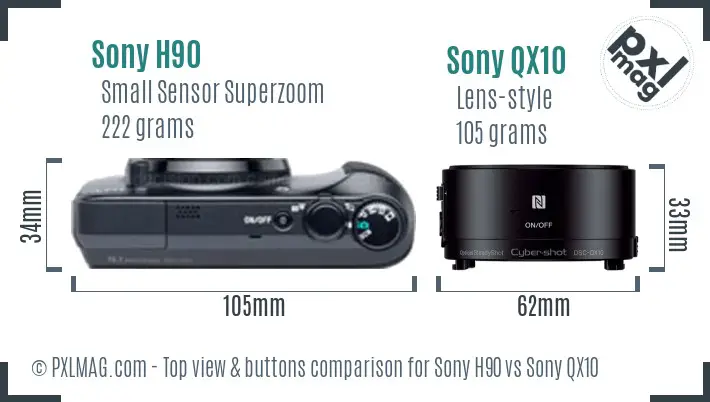 Sony H90 vs Sony QX10 top view buttons comparison